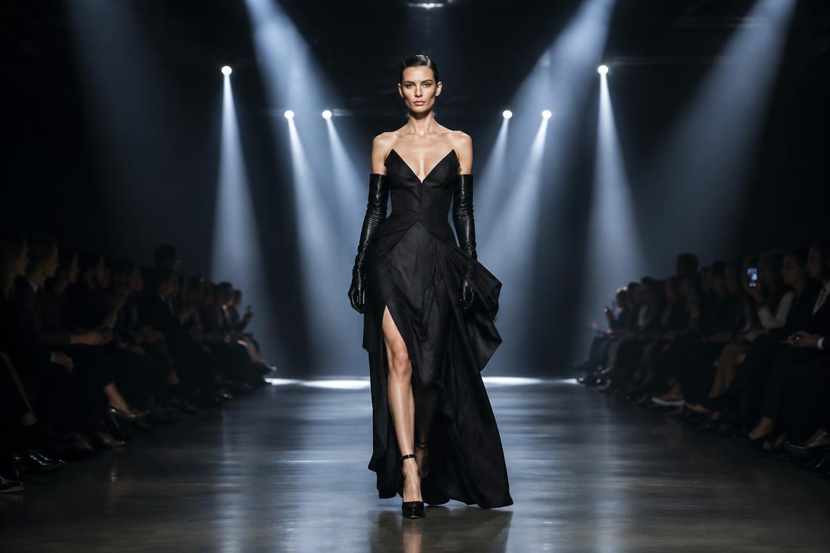 Fashion runway under theatrical spotlights