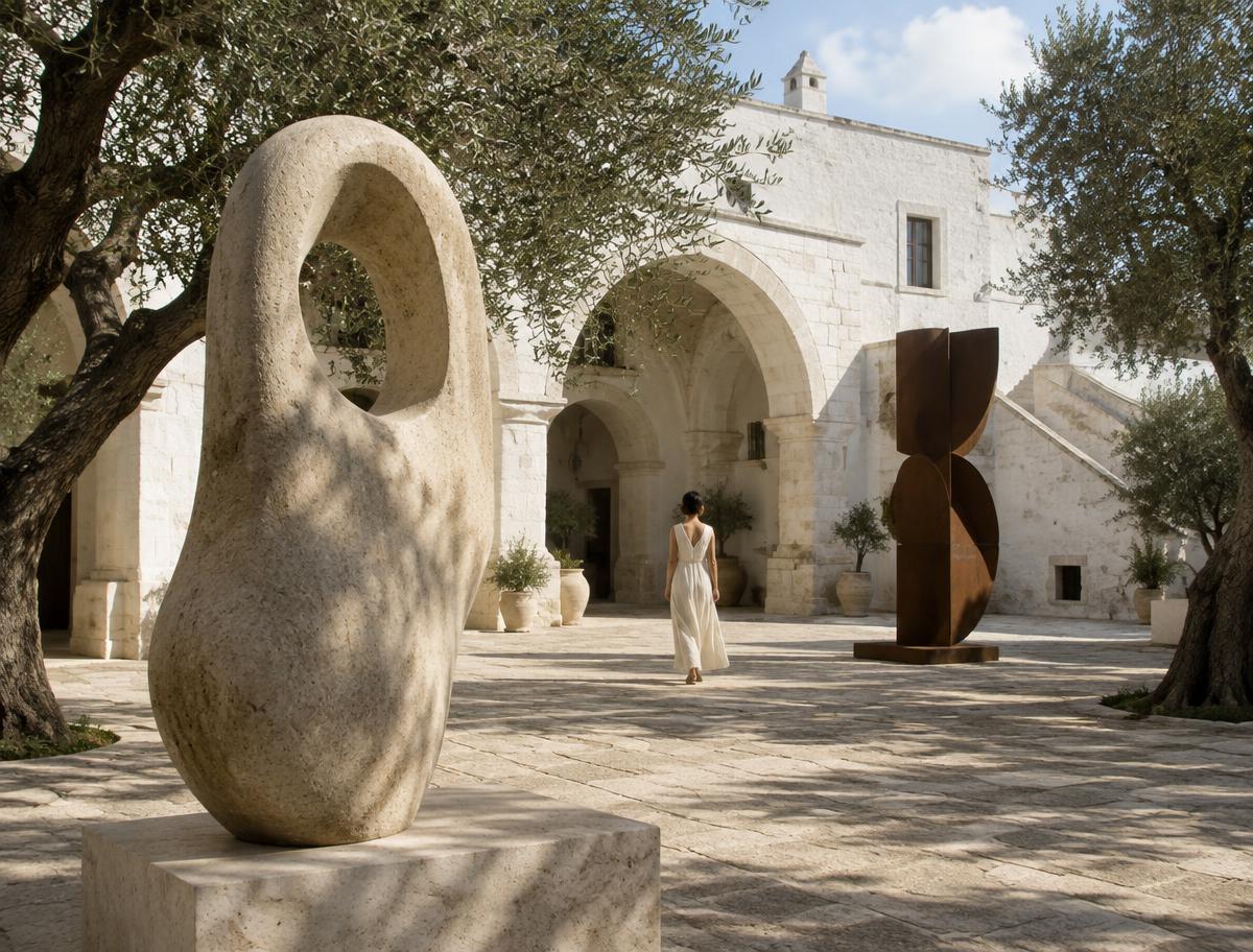 Contemporary sculptures in a Puglian masseria courtyard